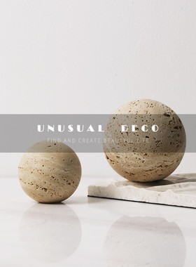 现代简约黄洞大理石圆球摆件书镇样板房L售楼处书房客厅软装饰品