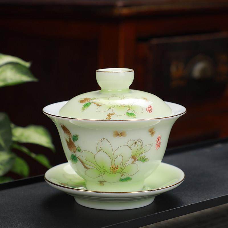 陶瓷功夫茶具套组玉兰花盖碗茶壶茶杯子整套家用办公室小号泡茶器,淘宝优惠券,粉丝福利购,淘宝优惠卷