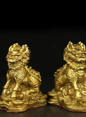 黄铜护宝麒麟摆件一对铜麒麟家居办公室饰品摆投工艺品桌面礼品纯