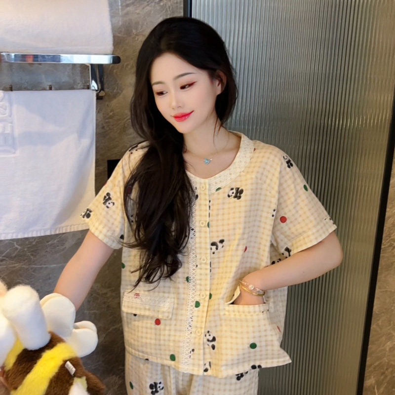 创宙 睡衣女2026夏季新款休闲显瘦可爱纯棉熊猫短袖外穿宽松家居服套装