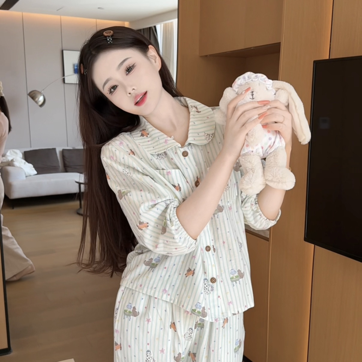 创宙 夏季2026新款可爱休闲显瘦纯棉睡衣女绿色条纹家居服中袖外穿透气