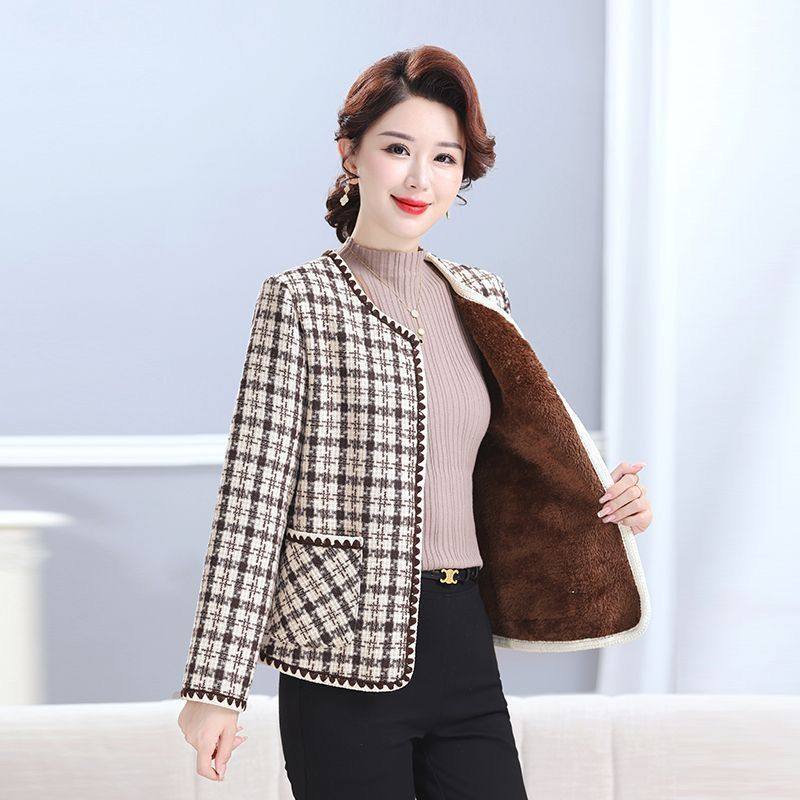 毛呢洋气妈妈装中老年秋冬小香风上衣新款大码加绒加厚开衫外套女,淘宝优惠券,粉丝福利购,淘宝优惠卷