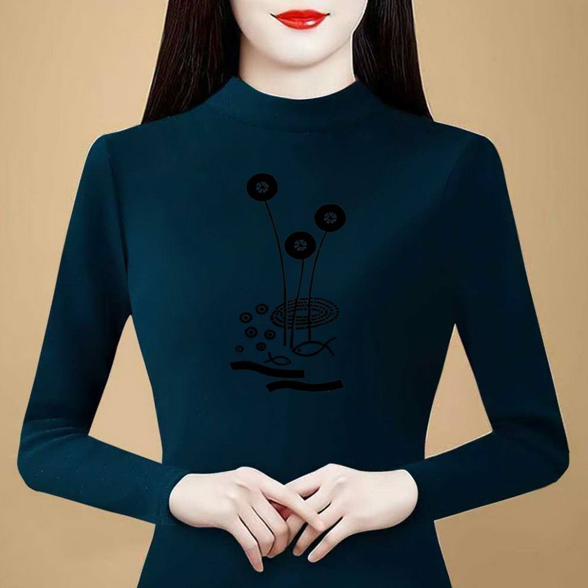 大码德绒保暖半高领印花洋气长袖打底衫女秋冬新款妈妈装百搭上衣,淘宝优惠券,粉丝福利购,淘宝优惠卷