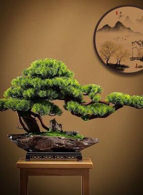 仿真迎客松实木绿植盆景家居装饰摆件中式客厅玄关办公室桌面盆栽