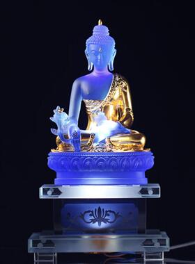 蓝色古法真琉璃药师佛供奉摆件家用保平安药师琉璃光如来鎏金佛像