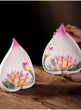 一路连升陶瓷莲花摆件手工瓷花中式客厅玄关佛前装饰工艺品礼品