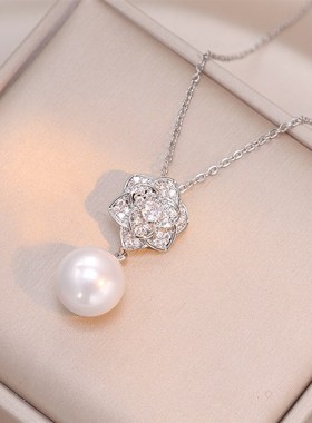 项链女 日韩风网红抖音仿珍珠项链小众设K计气质山茶锆石花朵配饰