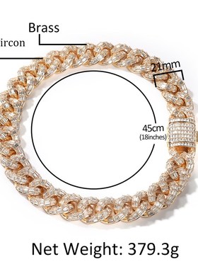 简约嘻哈项链男ins潮个性20mm方E锆古巴链项链欧美朋克风锆石项饰