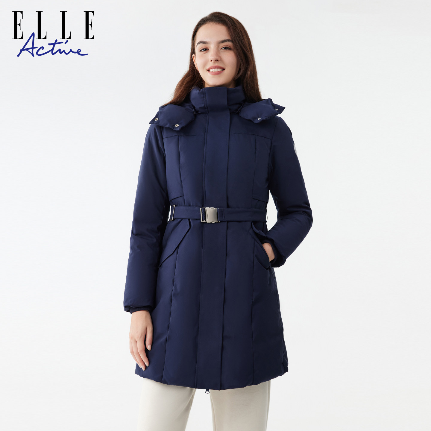 ELLE Active女装防风连帽中长款羽绒服25年冬款户外保暖收腰外套,淘宝优惠券,粉丝福利购,淘宝优惠卷