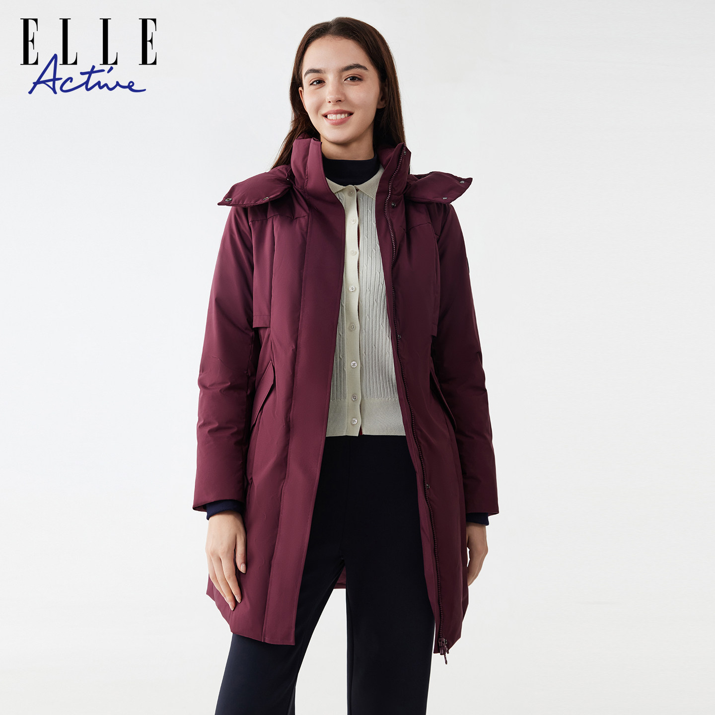 ELLE Active女装防风连帽中长款羽绒服25年冬款户外保暖收腰外套,淘宝优惠券,粉丝福利购,淘宝优惠卷