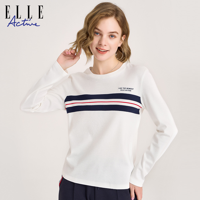 ELLE ACTIVE女装长袖t恤纯棉透气条纹圆领上衣休闲通勤内搭打底衫 - 图1