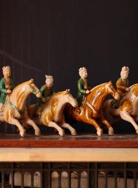 仿古唐朝代陶器陶马陶俑打马球俑摆件马球俑工艺品中式家居饰