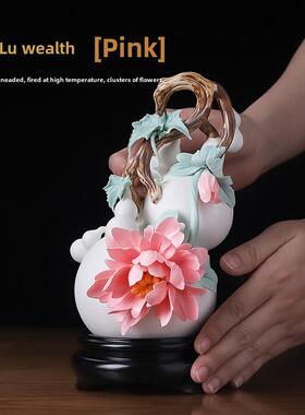 东方陶土芙蓉和财富陶瓷手工瓷花葫芦饰品高端乔迁礼品吸引财富