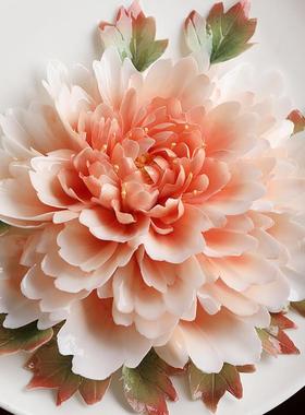 《国色天香》新中式陶瓷手工牡丹花挂盘摆件客厅电视柜酒柜装饰品