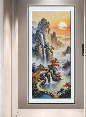 新中式玄关装饰画旭日东升描金山水画 竖版入户走廊山水挂画 轻奢