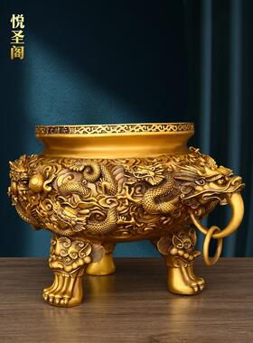 纯黄铜九龙香炉摆件供奉铜香炉鼎炉双龙戏珠香薰炉家用檀香三足
