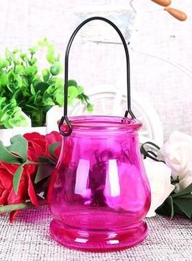 创意透明提手玻璃双耳吊瓶彩色水培插花瓶悬挂马赛克蜡烛台吊瓶