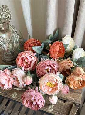 3头欧式牡丹 仿真花油画牡丹芍药芙蓉家居摆放装饰样板间