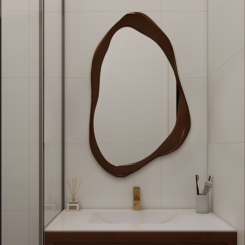 高级胡桃木色不规则化妆镜中古风艺术智能led浴室镜背景墙装饰镜 - 图1