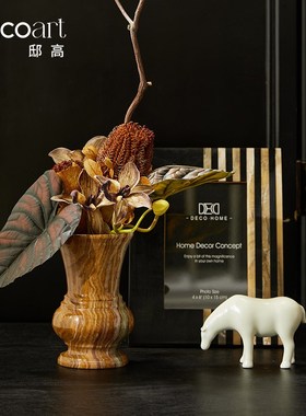 邸高家居样板间新中式入门玄关柜双面小屏风玉石花器花瓶插花摆件