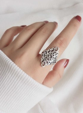 s925银戒复古中国风菱形镂空戒A指孔雀祥云个性简约泰银开口指环