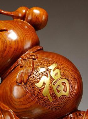 花梨木雕刻福禄有鱼葫芦摆件实木质植物家居办公室装饰摆设工艺礼