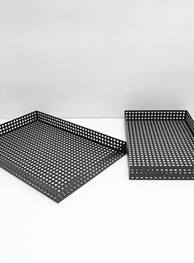 现代简约矩形黑色空心防漏收纳托盘金属饰品客厅咖啡桌家居软装饰