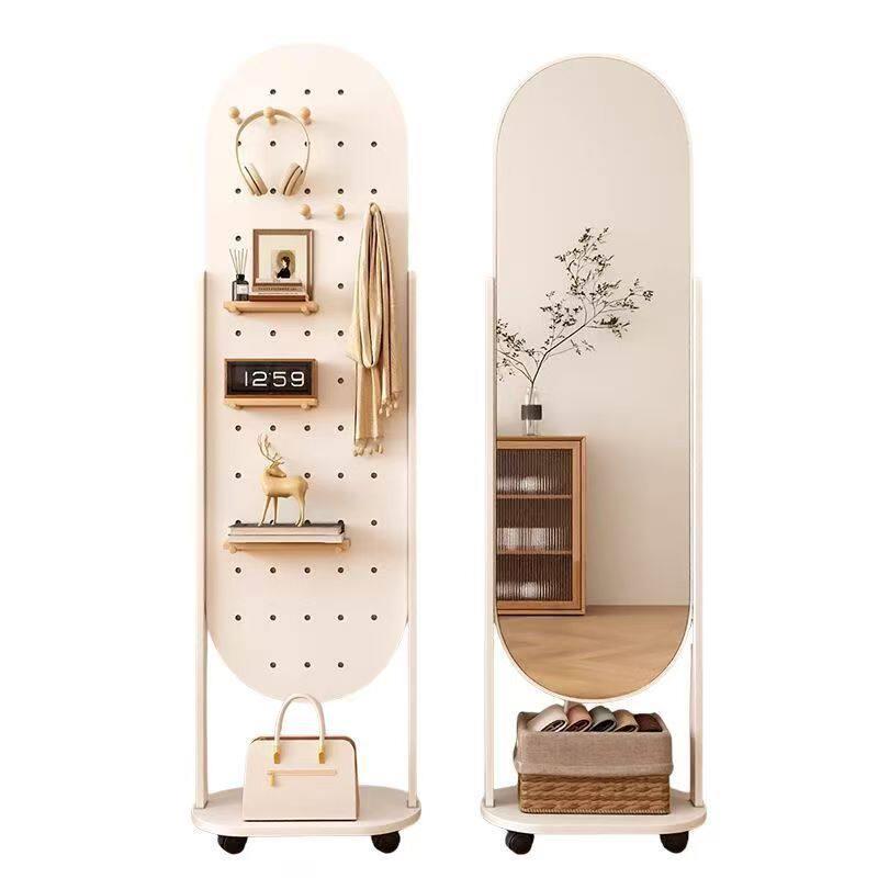 Movable universal wheel solid wood hole board with full-length mirror floor-standing 360-degree rotatable home storage rack