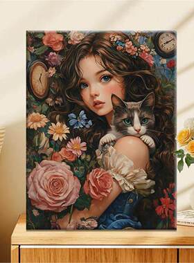 喵愈花园|diy数字油画丙烯填充手绘少女与猫减压油彩涂色画