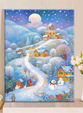 素喜光阴 diy数字油画2024新款丙烯画冬季雪景童话小镇油彩涂色画