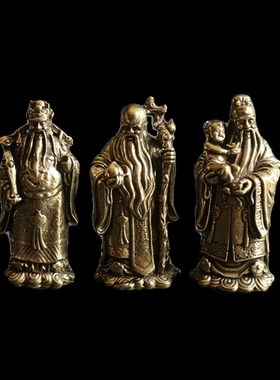 复古纯黄铜办公i桌面车载小摆件福禄寿财神古铜随身工艺品手把玩