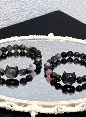 情侣手链一对高级感天然黑曜石草莓晶情侣男女银曜石猫咪手串礼物