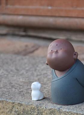 创意禅意紫砂陶瓷家居装饰品可爱小和尚沙弥办公桌飘窗书架摆件