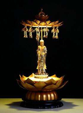 鎏金莲花佛像加高台带灯光带宝盖观音底座家用供奉客厅佛堂装饰品