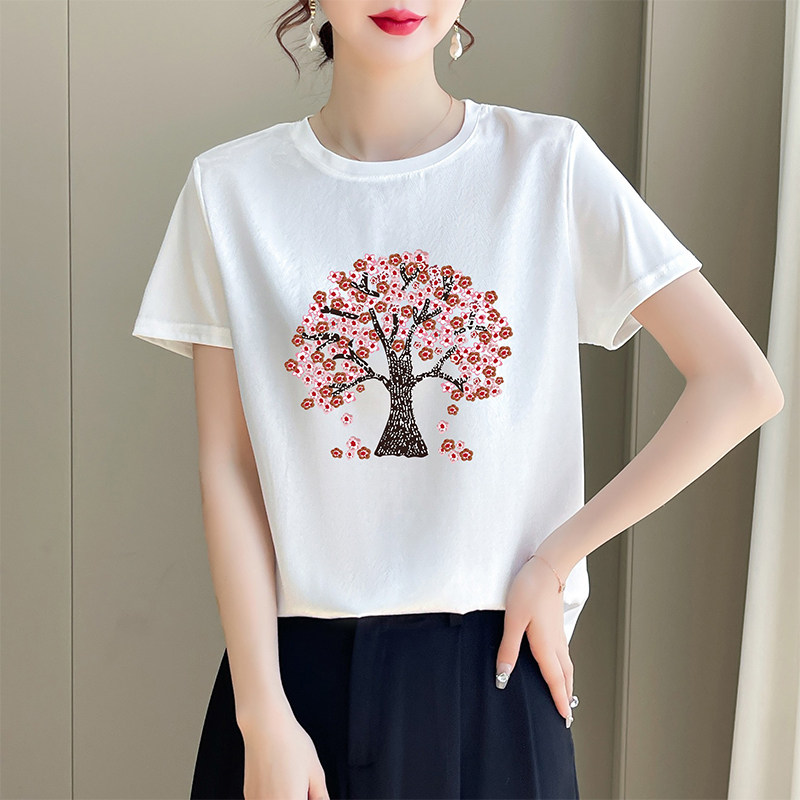 AB面女印花百搭圆领夏季薄款缎面拼接短袖女冰丝正肩T恤3D印花