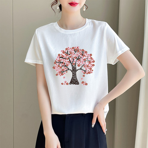 AB面女印花百搭圆领夏季薄款缎面拼接短袖女冰丝正肩T恤3D印花 - 图1