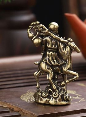 黄铜纯铜桌面铜像摆件福禄寿骑鹿寿E星茶宠招财摆件古玩铜器铜制