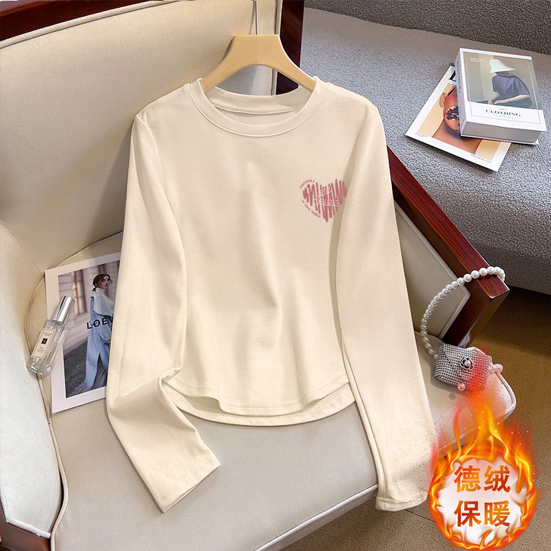 美式字母德绒加厚长袖T恤女秋冬不规则弧形内搭显瘦短款打底衫,淘宝优惠券,粉丝福利购,淘宝优惠卷