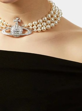 日单蕾系量产型镶钻星球土星黑色水晶珍珠项链亚文化多层锁骨链