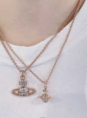 日单蕾系量产型镶钻星球土星黑色水晶珍珠项链亚文化叠戴锁骨链