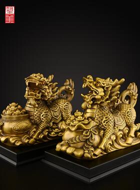 铜聚宝盆麒麟摆件一对黄铜麒麟卧室客厅玄关办公室装饰工艺品大号