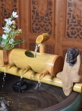 流水摆件客厅循环水缸造景陶瓷鱼缸流水竹子循环水摆件竹筒流水