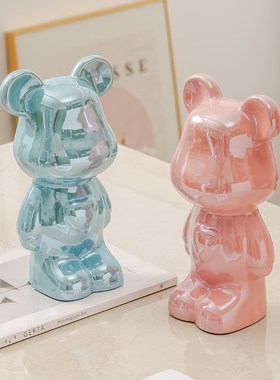 大号潮玩28cm陶瓷电镀甜心熊轻奢玄关酒柜摆件客U厅电视柜装饰品