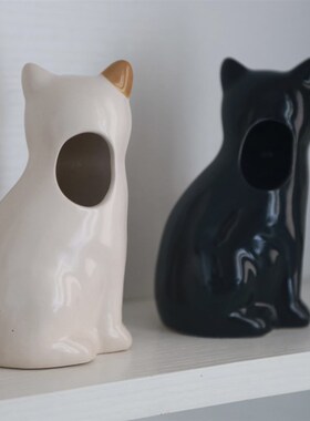 可爱猫陶瓷摆件 手绘猫咪陶瓷花瓶笔筒收纳桶 小花瓶 化妆刷收纳