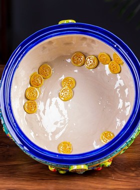 台湾交趾陶彩陶聚宝盆摆件门海摆件商务开业N礼品家居饰品招财聚