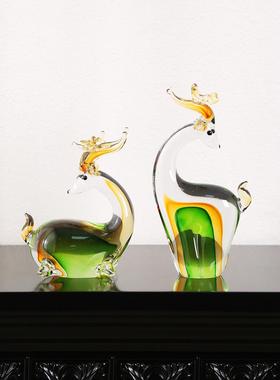 创意琉璃混彩招财麋鹿工艺品摆件客厅酒柜电视柜家居装饰品摆设