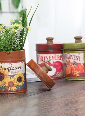 现货创意复古做旧带盖收纳铁皮桶 酒吧陈列摆 件创意摄影铁艺道具