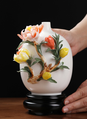 东方泥土《花开富贵》陶瓷手工花瓶摆件高档家居客厅博古架装饰品
