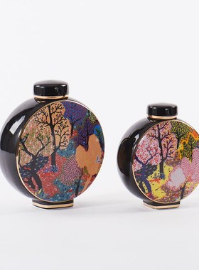 欧式古典扁形彩绘陶瓷储物罐装饰品书房玄关客厅玄关酒柜创意摆件