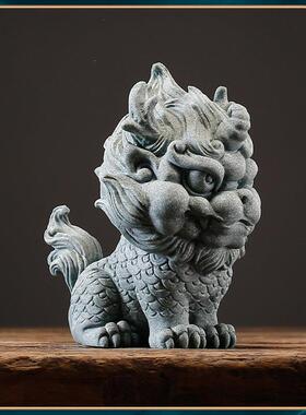 青砂石鱼缸造景新中式瑞兽貔貅麒麟金蟾家居创意国潮精品茶宠摆件